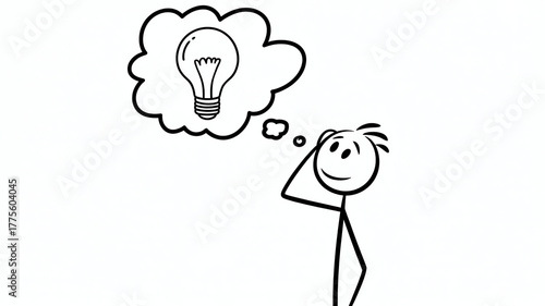 Stick figure thinking with a bright idea light bulb in a thought bubble isolated on white background