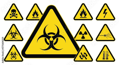 Set of hazard warning symbols triangular signs with various dangers illustration isolated on white background