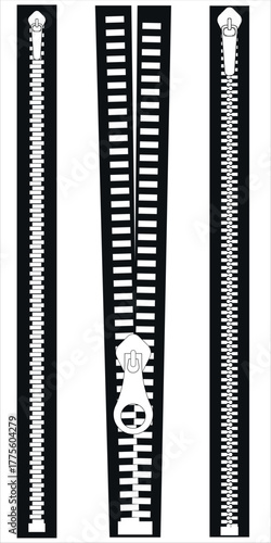 Zipper on tape for fashionable clothes.Set of stylish zippers for clothing.Textile symbol and sign.Vector illustration of different  closed and open zippers for clothes, isolated on white background.
