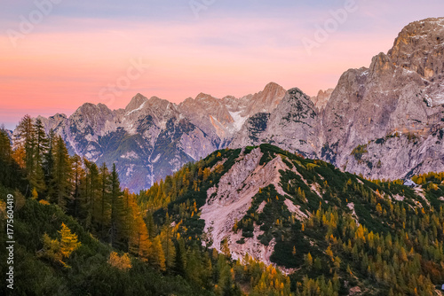Scenic sunset view of Triglav National Park in the Julian Alps, Slovenia, Europe	