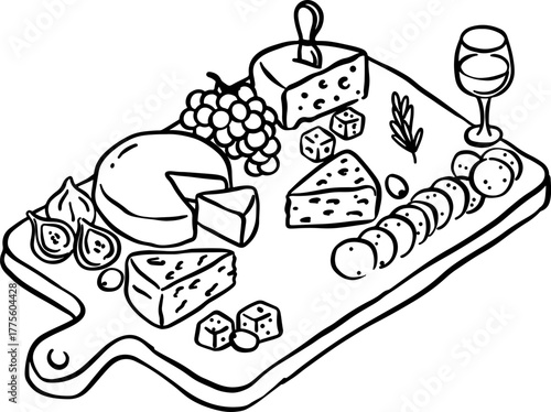 Detailed monochrome line drawing of an elegant cheese and charcuterie board. Doodle style.