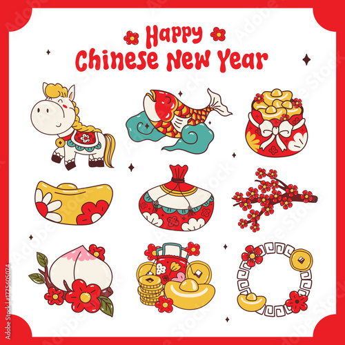 Lucky Horse and Festive Elements. Happy chinese new year. Vector illustration.