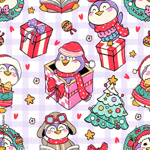 Cute Merry Penguins Christmas Seamless Pattern, Adorable Winter Holiday Illustration. Vector illustration.