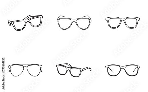 Selection of Minimalist Eyeglasses and Sunglasses Designs on White Background for Vision and Style Concepts