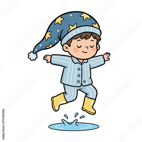Sleepy Boy in Pajamas Jumping Water– Bedtime Kids Vector Illustration