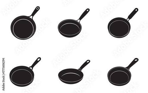 Set of Black Fry Pan Icons Isolated on White Background Kitchenware and Cooking Utensils Vector Illustration