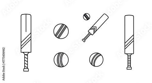 Simple line drawing depicting cricket equipment bats and balls