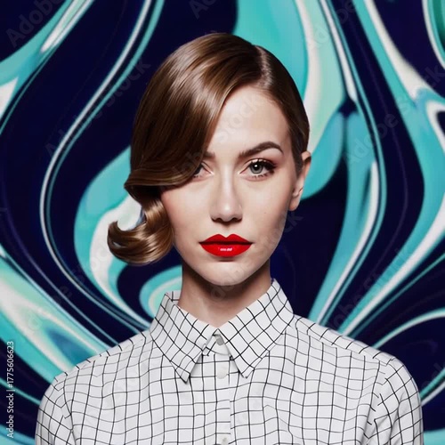 Elegant woman with red lipstick and vintage hairstyle against a colorful background