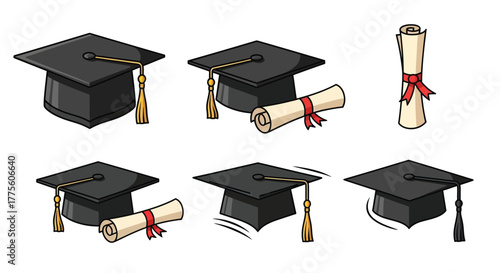 Graduation cap and diploma set cartoon style illustration education and academic achievement isolated on white background