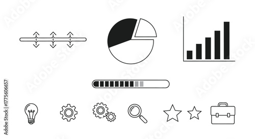 Business data visualization icons including charts progress bars and other elements
