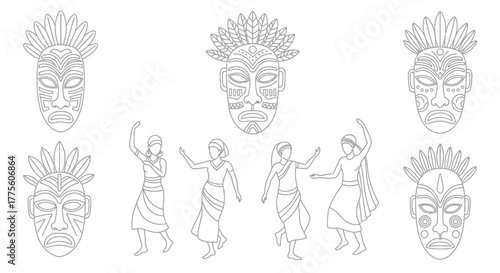 African masks and dancing figures in a detailed line art illustration