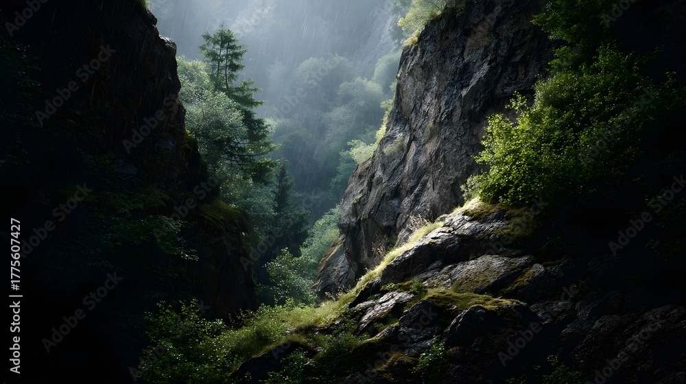Obraz premium Dramatic gorge landscape with steep sunlit rocky walls and a misty verdant forest in the background