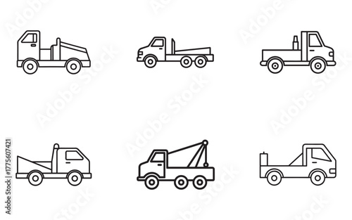 Set of Minimalist Truck Icons Featuring Diverse Body Styles and Towing Capabilities for Logistics and Transportation Design Projects