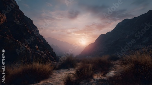 A majestic desert chasm bathed in the warm glow of a setting sun with rugged cliffs and dry vegetation