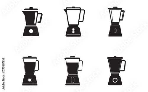 Set of Six Black and White Blender Icons for Kitchen Appliances and Food Preparation with Varied Designs
