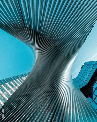 Fotografía Look up at abstract view of modern metallic skyscraper, Main Tower in Frankfurt, Germany