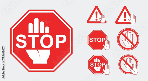 Set of stop hand icons red and white warning and attention signs