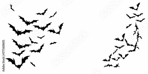 A swarm of black bats flying in formation against a white background for halloween