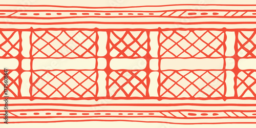Seamless tribal pattern with geometric diamond lattice and striped borders in red and cream