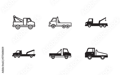 Set of Tow Truck Icon Illustrations in Black and White Minimalist Style for Transportation and Assistance Concepts