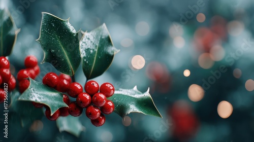 Wallpaper Mural A vibrant Christmas holly background featuring red berries and green leaves with soft bokeh lights, creating a cozy holiday atmosphere. Torontodigital.ca
