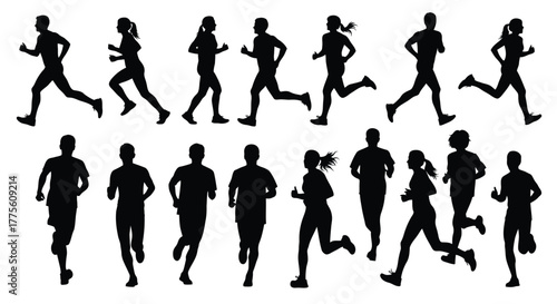 Set of running people silhouettes diverse men and women in motion illustration fitness and sports designs