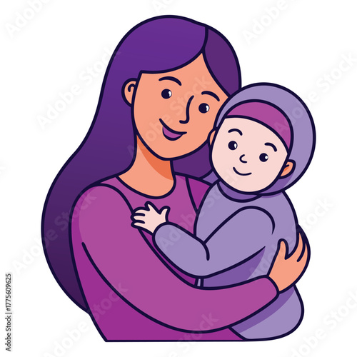 mother and baby cuddling in purple tones, symbolizing strong maternal bond and love vector