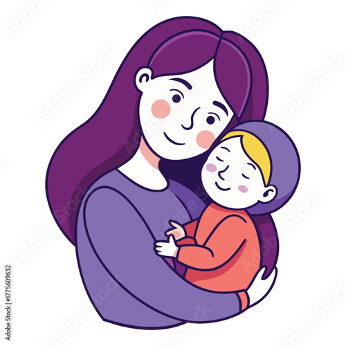 mother and baby cuddling in purple tones, symbolizing strong maternal bond and love vector
