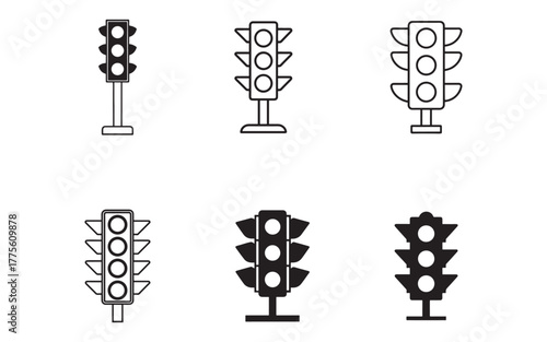 Traffic Light Icons Depicting Road Safety and Transportation Control with Variations in Style and Design