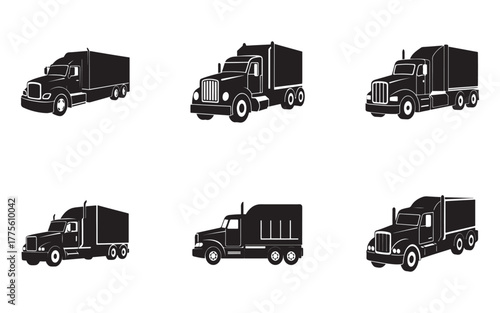 Truck Silhouette Vector Set Commercial Transport Vehicles for Freight Delivery and Logistics Operations Black and White Semi Trucks Trailers