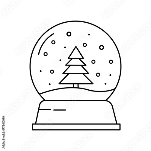 Minimalist black and white line art illustration of a snow globe with stylized evergreen tree and falling snow in simple outline style