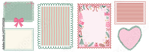 Set of Bow Christmas Frame Hand  Drawn, Vector Illustration Winter Holiday Frames With Decorated with wavy ribbon, perfect for holiday, Christmas invitations, and greeting cards, Christmas Background.