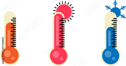 Thermometer temperature icon set with sun and snow symbol hot and cold weather measurement vector