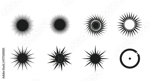 Set of sun icons simple black glyph symbols isolated on white background weather forecast and graphic