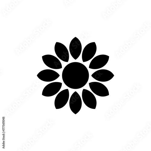 Black and white sunflower with rounded petal shapes on transparent background silhouette