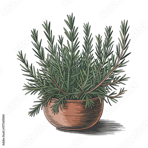 Rosemary Herb Plant In Clay Pot Illustration