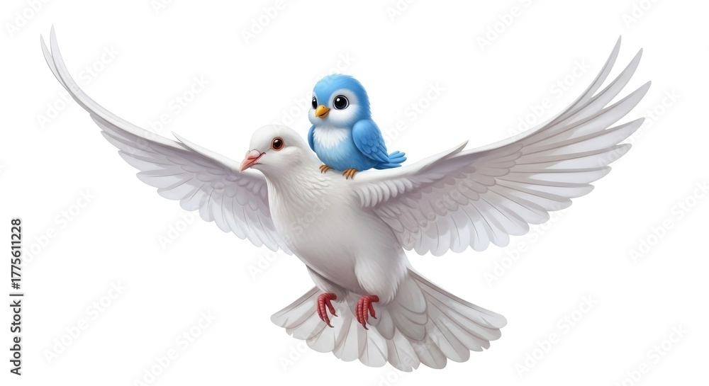 Fototapeta premium A small blue bird riding on the back of a white dove in flight isolated on white background