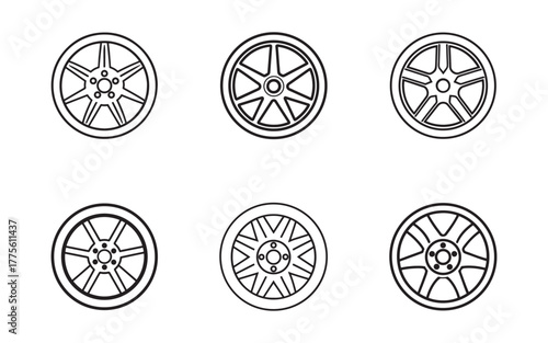 Variety of Vehicle Wheel Rims Design Vector Illustration Set Car Accessories Concepts for Automobile Industry and Transportation Isolated on White Background