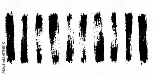 Collection of diverse black paint brush strokes with textured edges and varying opacity on a white background