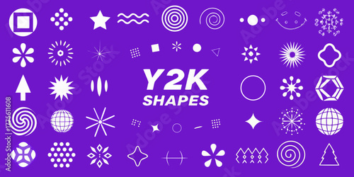 Collection of y2k aesthetic graphic design elements and abstract shapes on a vibrant purple background