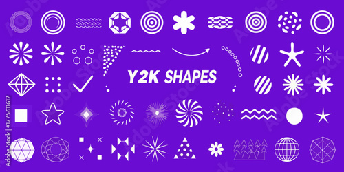 Collection of y2k inspired graphic design elements and abstract shapes on a purple background