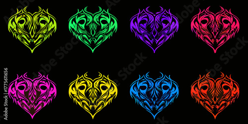 Collection of eight vibrant tribal flame heart designs in various neon colors on a black background