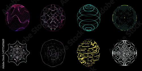 Collection of eight abstract glowing spheres and geometric shapes on a black background