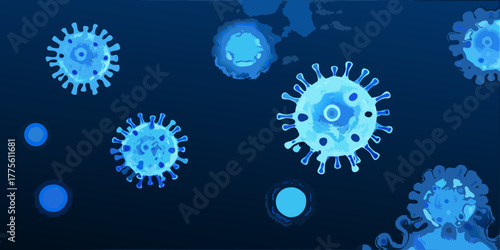 Abstract illustration of blue coronavirus particles and cells on a dark blue background