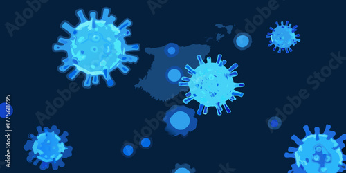 Abstract representation of blue coronavirus particles spreading across a dark background with a map of spain