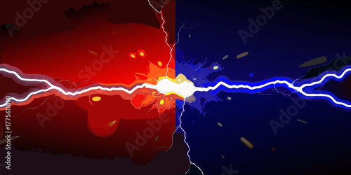 Abstract clash of red and blue energy lightning bolts in a dynamic explosion of light