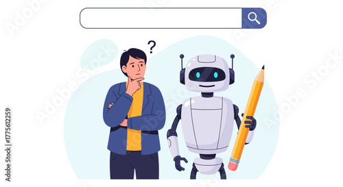 AI content creation human ponders robot writes with pencil under search bar ideal for illustrating tech advancements and content marketing strategy.