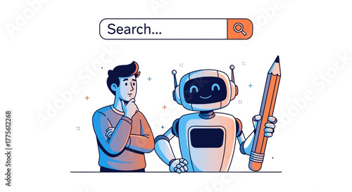 AI content creation robot with pencil assisting thoughtful writer search engine brainstorming for innovative ideas digital assistant support
