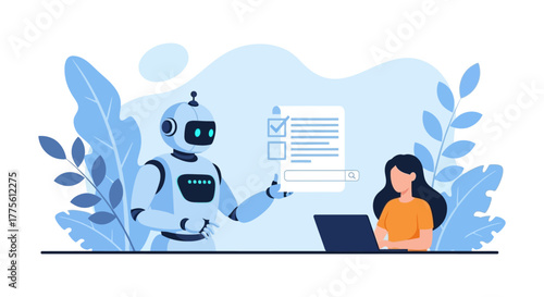 AI powered search woman using laptop with robot showing online form with checklist for artificial intelligence assistance and automation.