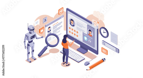 ai recruitment analysis woman analyzing candidate profiles on a computer with ai robot assistant for hr tech innovation and efficient hiring